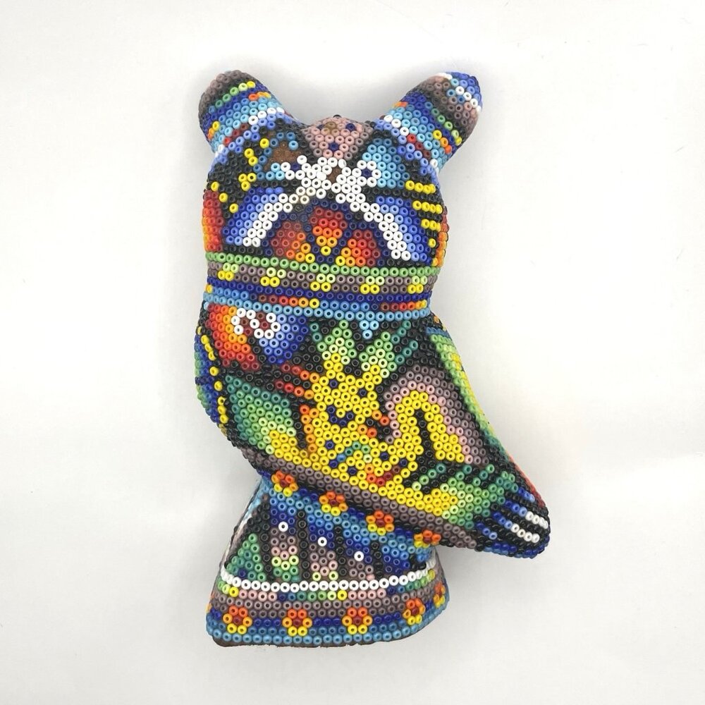 Mexican Huichol Beaded Owl Figurine Handmade Folk Art Wixárika Bead Sculpture 6" - Picture 2 of 16